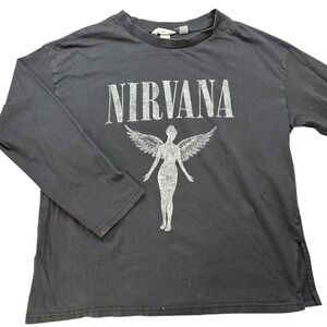 H&M Women's M Charcoal Gay NIRVANA Band Long Sleeve Cotton T-Shirt 1990's